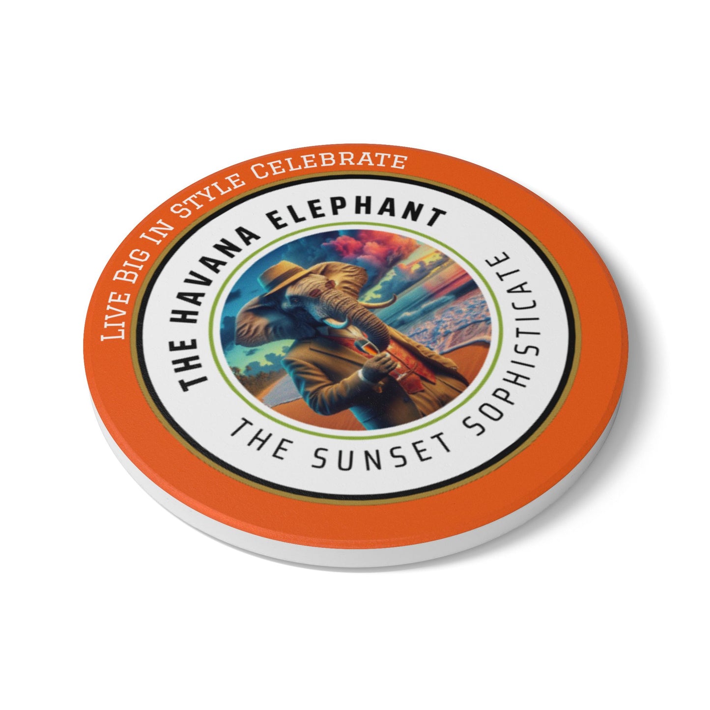 Elephant Themed Ceramic Coaster, The Sunset Sophiticate.Unique Home Decor, Gift for Animal Lovers, Celebratory Coaster for Parties, Kitchen Table Accent