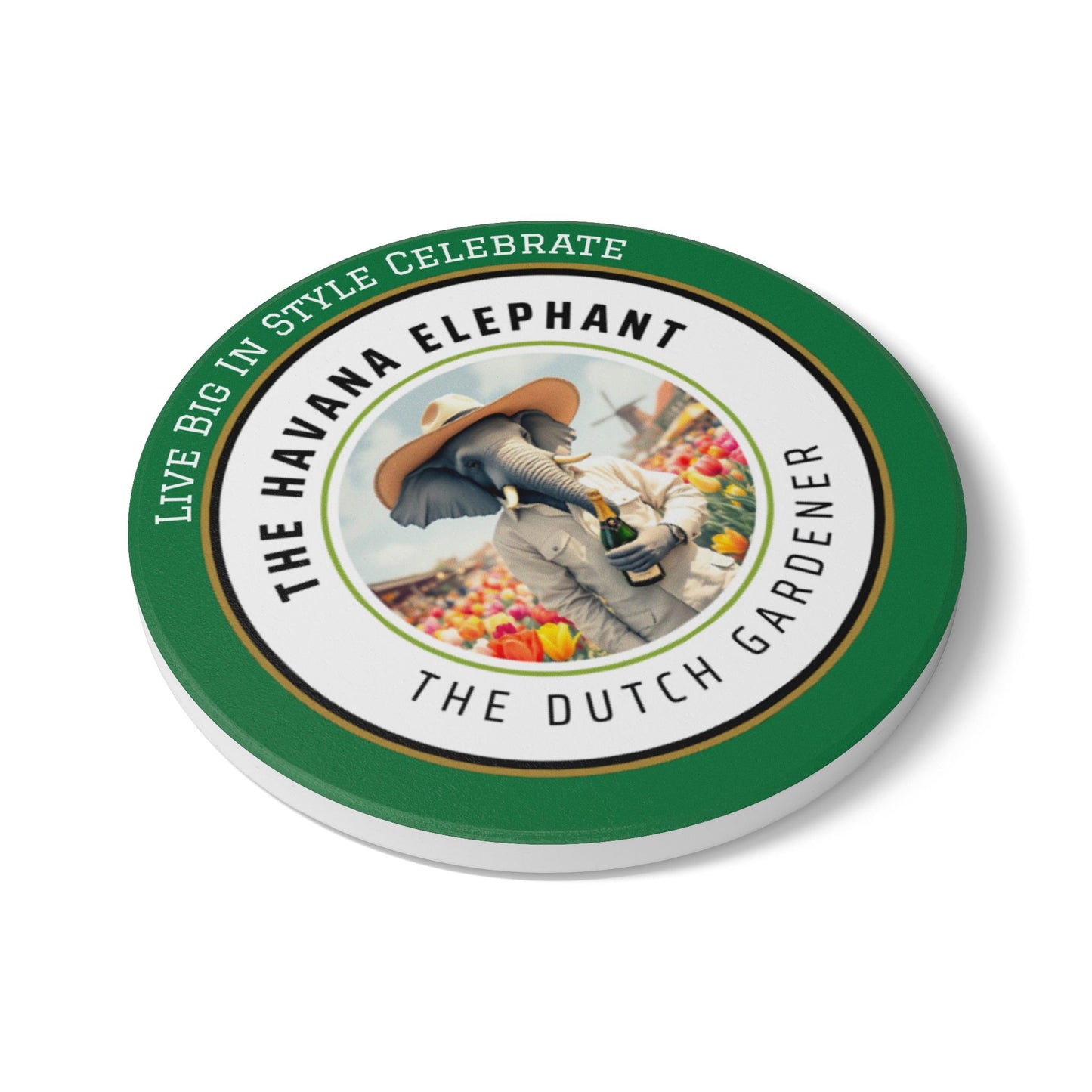 Elephant Themed Ceramic Coaster, The Dutch Gardener.Unique Home Decor, Gift for Animal Lovers, Celebratory Coaster for Parties, Kitchen Table Accent