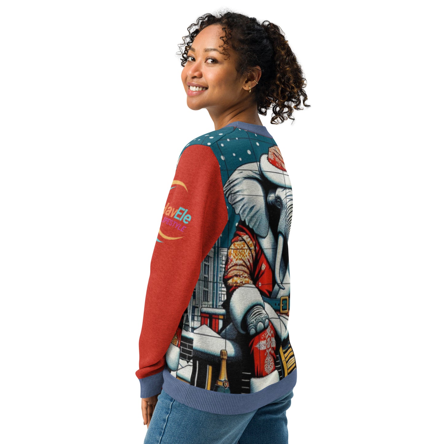 Knitted crew neck sweater - Seasonal Havana Elephant -Snowy rooftop
