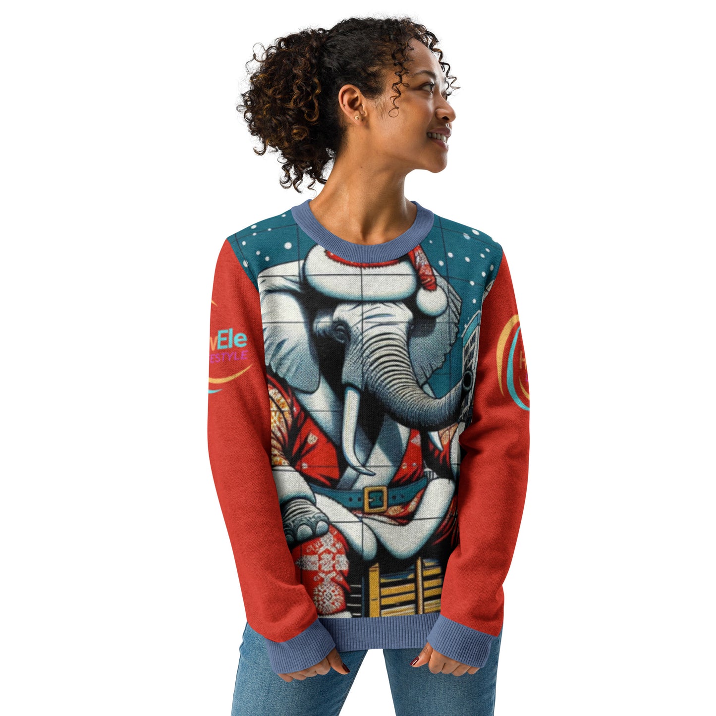 Knitted crew neck sweater - Seasonal Havana Elephant -Snowy rooftop