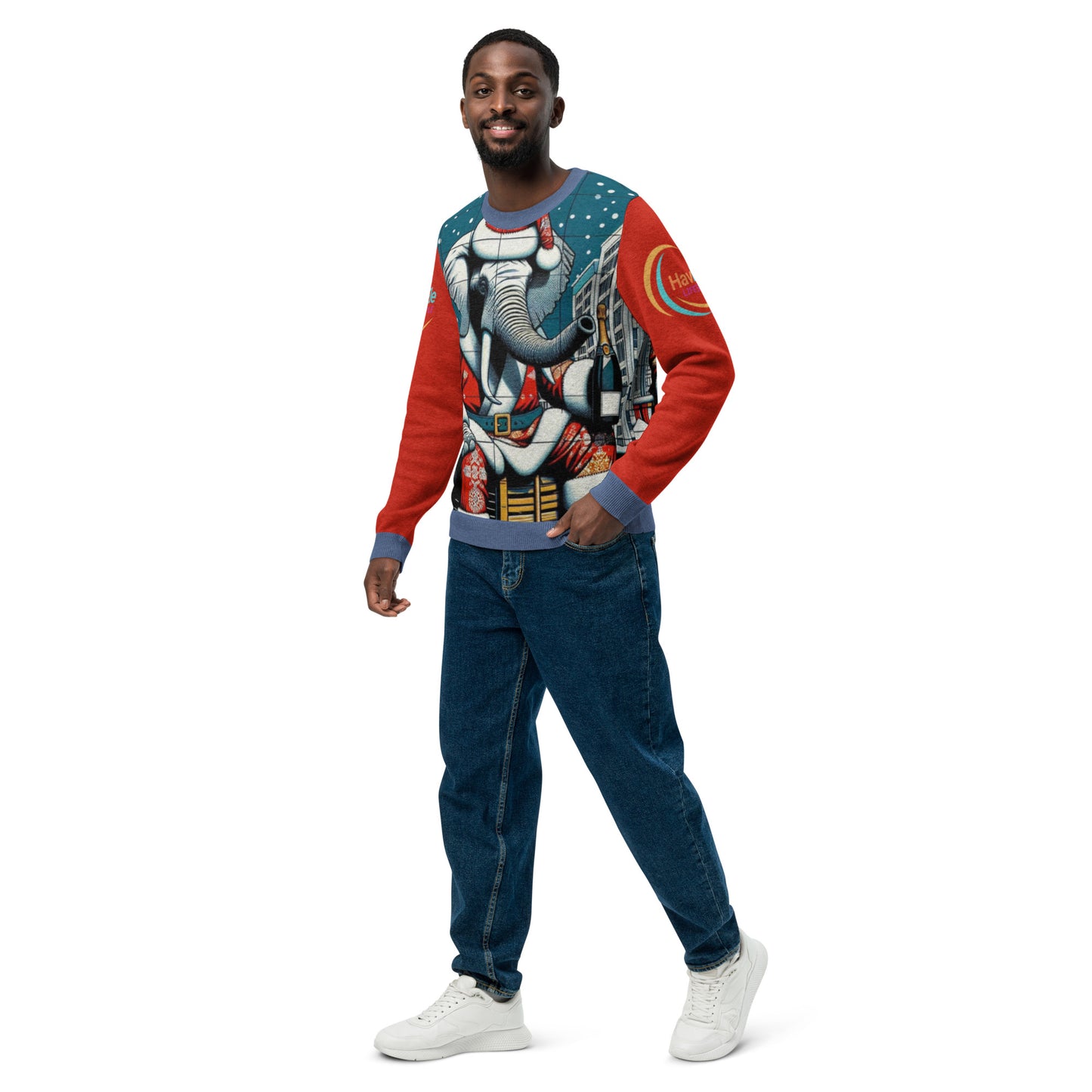 Knitted crew neck sweater - Seasonal Havana Elephant -Snowy rooftop