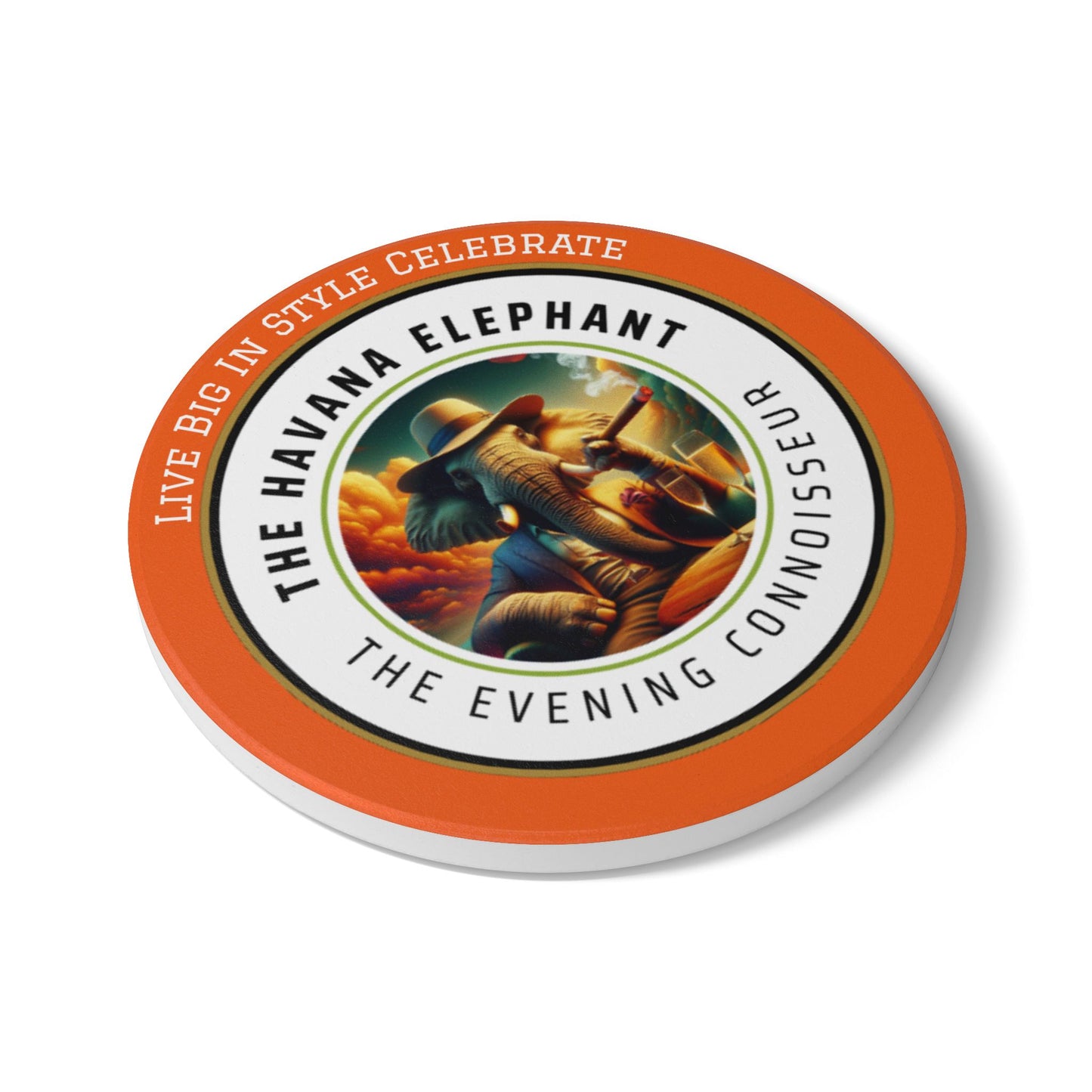Elephant Themed Ceramic Coaster, The Evening Connoisseur. Unique Home Decor, Gift for Animal Lovers, Celebratory Coaster for Parties, Kitchen Table Accent