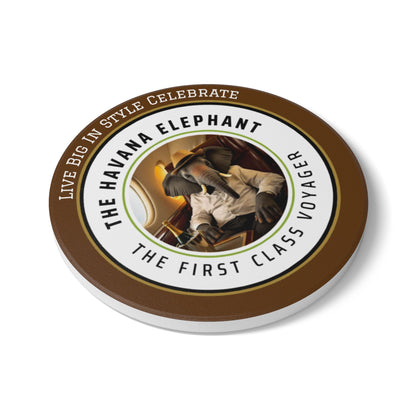 Elephant Themed Ceramic Coaster, The First Class Voyager. Unique Home Decor, Gift for Animal Lovers, Celebratory Coaster for Parties, Kitchen Table Accent