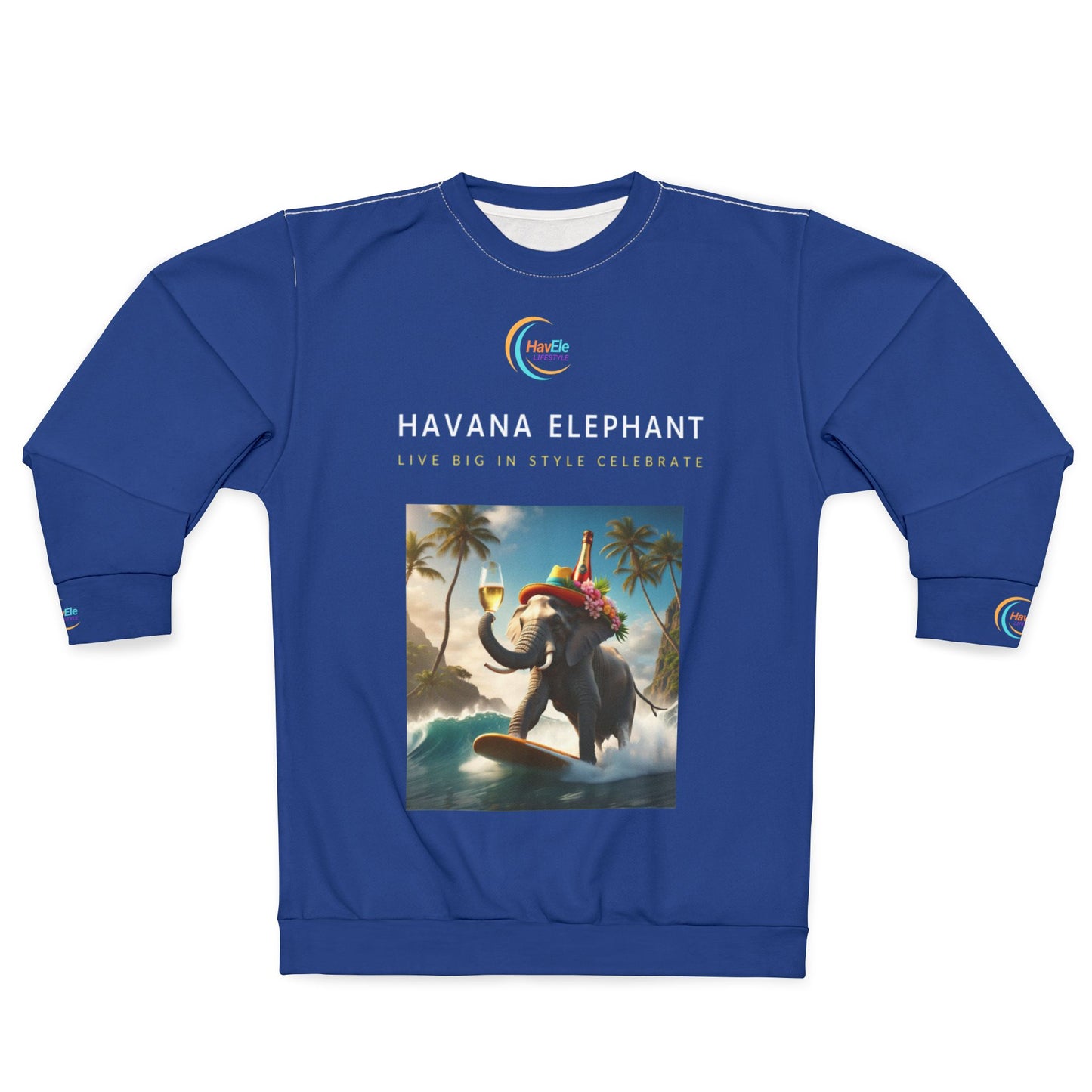 Sweatshirt (AOP) - Unisex - HavEle Logo ! and Motto with Havana Elephant Surfing