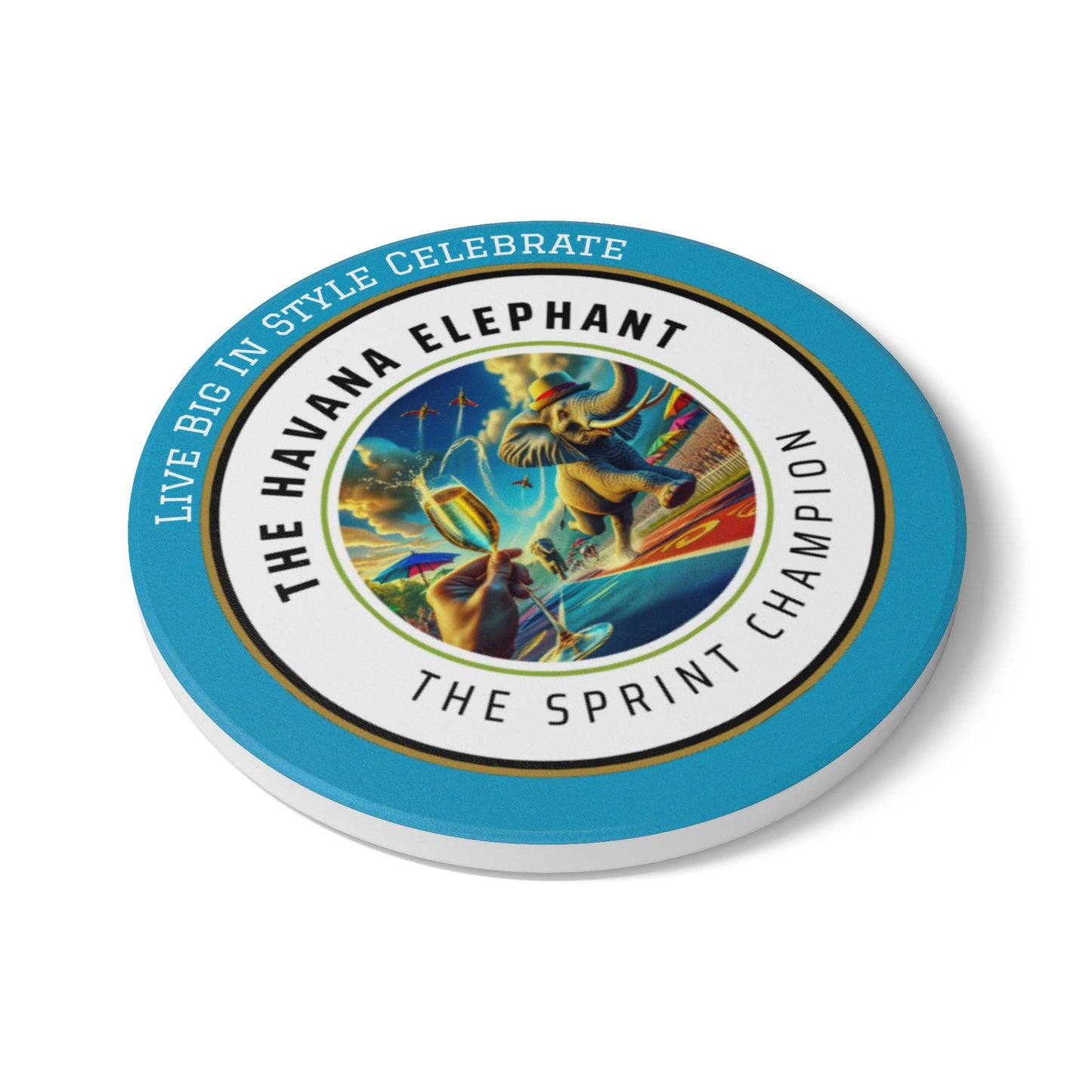 Elephant Themed Ceramic Coaster, The Sprint Champion. Unique Home Decor, Gift for Animal Lovers, Celebratory Coaster for Parties, Kitchen Table Accent