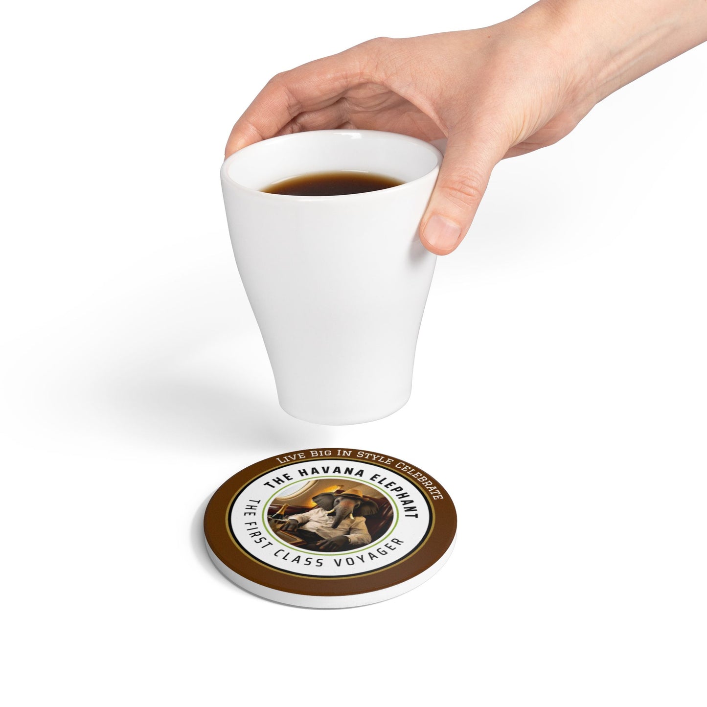 Elephant Themed Ceramic Coaster, The First Class Voyager. Unique Home Decor, Gift for Animal Lovers, Celebratory Coaster for Parties, Kitchen Table Accent