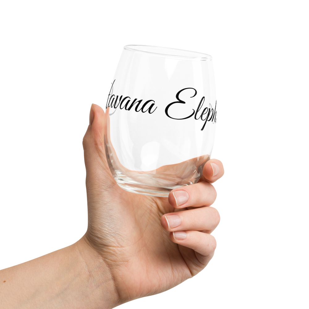 Stemless wine glass with Cool Havana Elephant signature logo